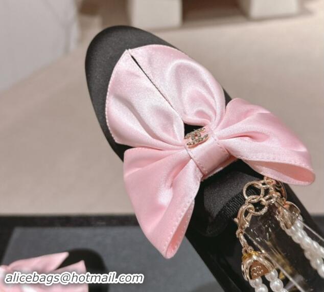 Popular Style Chanel Satin Loafers Flat with Pearls Ankle Strap and Maxi Bow Black/Pink 909114