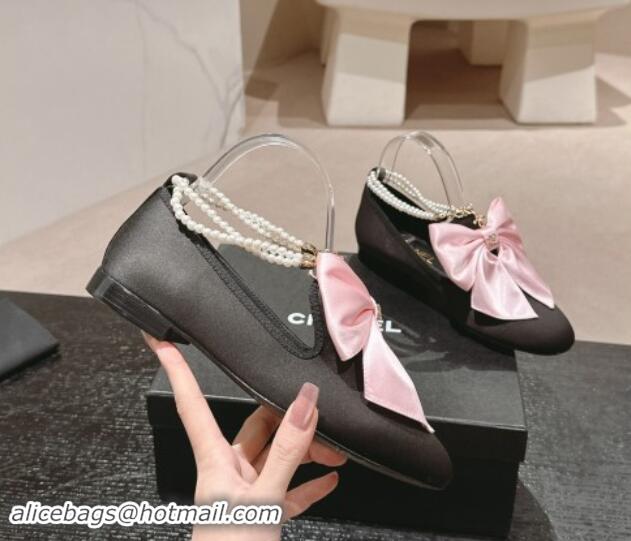 Popular Style Chanel Satin Loafers Flat with Pearls Ankle Strap and Maxi Bow Black/Pink 909114