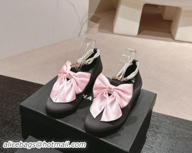 Popular Style Chanel Satin Loafers Flat with Pearls Ankle Strap and Maxi Bow Black/Pink 909114