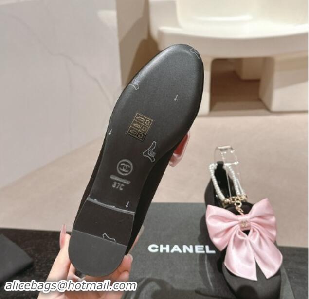 Popular Style Chanel Satin Loafers Flat with Pearls Ankle Strap and Maxi Bow Black/Pink 909114