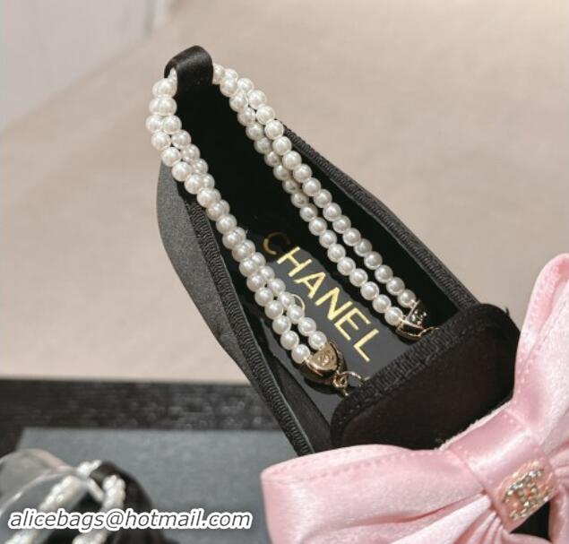 Popular Style Chanel Satin Loafers Flat with Pearls Ankle Strap and Maxi Bow Black/Pink 909114