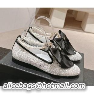 Best Product Chanel Sequins Loafers Flat with Pearls Ankle Strap and Maxi Bow White 909116