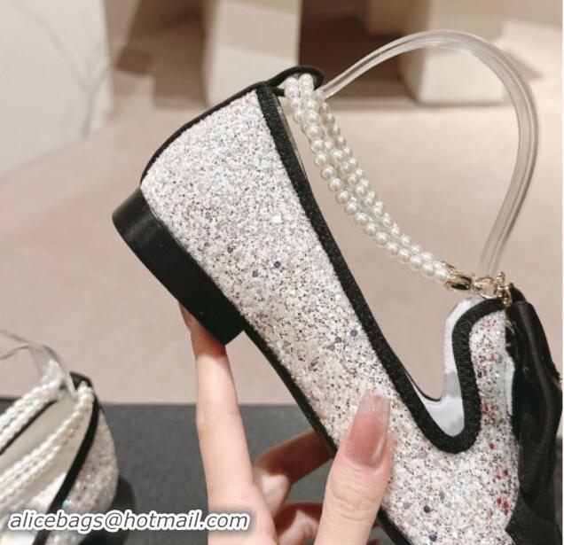 Best Product Chanel Sequins Loafers Flat with Pearls Ankle Strap and Maxi Bow White 909116