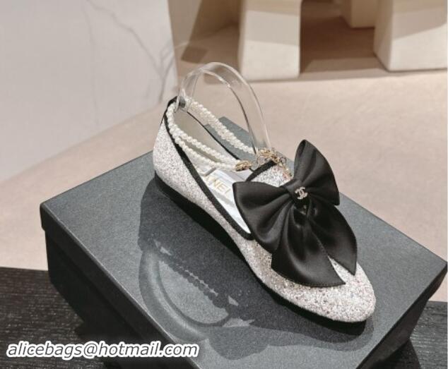 Best Product Chanel Sequins Loafers Flat with Pearls Ankle Strap and Maxi Bow White 909116