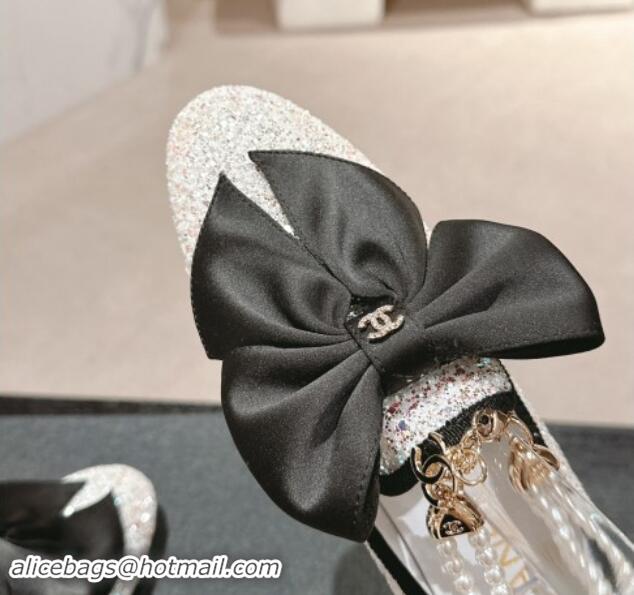 Best Product Chanel Sequins Loafers Flat with Pearls Ankle Strap and Maxi Bow White 909116