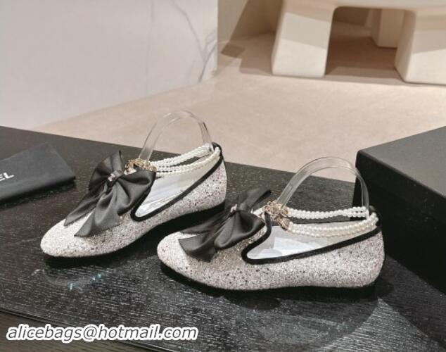 Best Product Chanel Sequins Loafers Flat with Pearls Ankle Strap and Maxi Bow White 909116