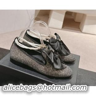 Top Design Chanel Sequins Loafers Flat with Pearls Ankle Strap and Maxi Bow Black 909117