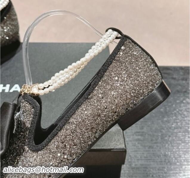 Top Design Chanel Sequins Loafers Flat with Pearls Ankle Strap and Maxi Bow Black 909117