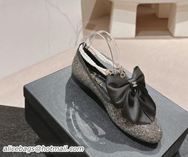 Top Design Chanel Sequins Loafers Flat with Pearls Ankle Strap and Maxi Bow Black 909117