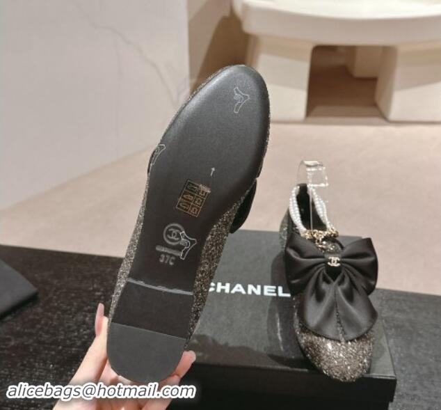 Top Design Chanel Sequins Loafers Flat with Pearls Ankle Strap and Maxi Bow Black 909117