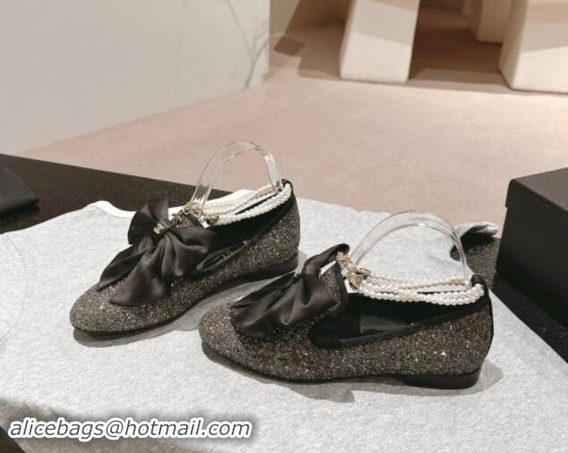 Top Design Chanel Sequins Loafers Flat with Pearls Ankle Strap and Maxi Bow Black 909117