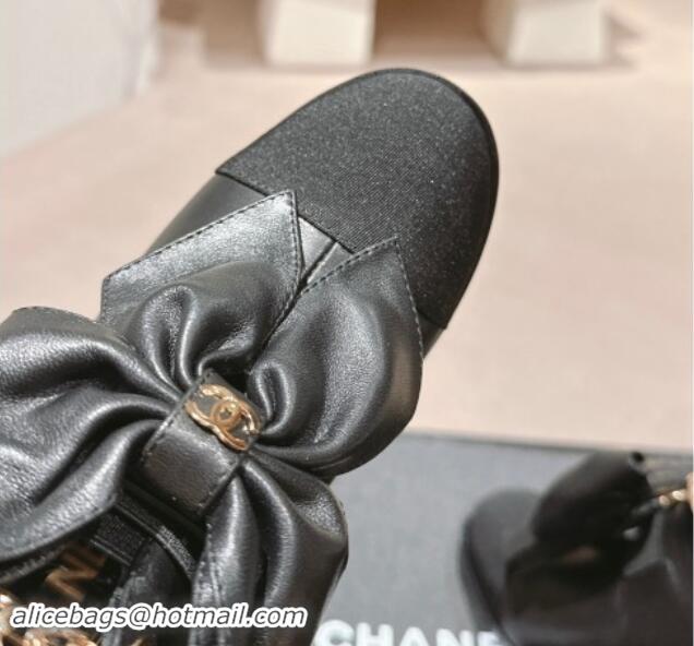 Good Looking Chanel Calfskin Heel Ankle Boots with Pearls Strap and Maxi Bow Black 909118