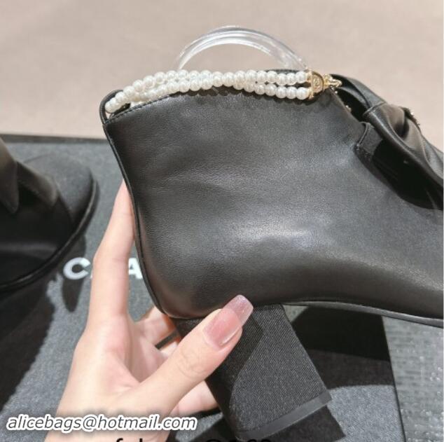 Good Looking Chanel Calfskin Heel Ankle Boots with Pearls Strap and Maxi Bow Black 909118