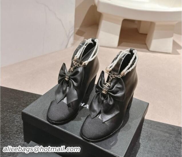 Good Looking Chanel Calfskin Heel Ankle Boots with Pearls Strap and Maxi Bow Black 909118