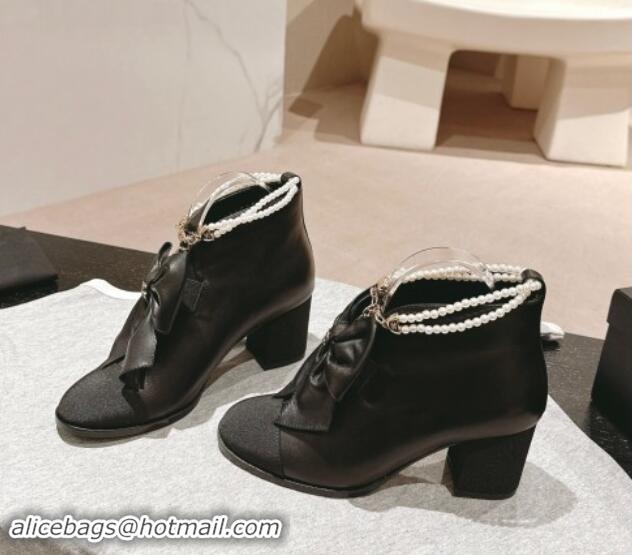 Good Looking Chanel Calfskin Heel Ankle Boots with Pearls Strap and Maxi Bow Black 909118