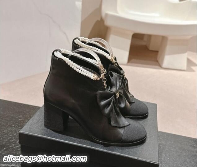 Good Looking Chanel Calfskin Heel Ankle Boots with Pearls Strap and Maxi Bow Black 909118