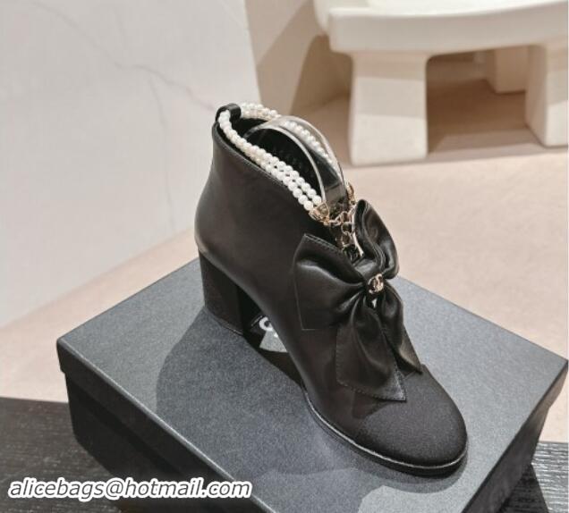 Good Looking Chanel Calfskin Heel Ankle Boots with Pearls Strap and Maxi Bow Black 909118