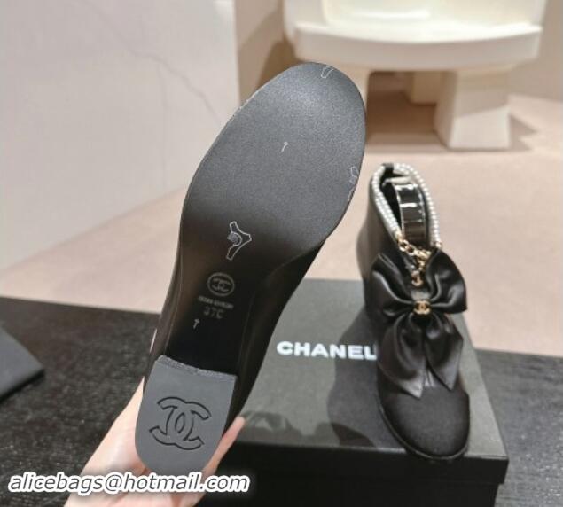 Good Looking Chanel Calfskin Heel Ankle Boots with Pearls Strap and Maxi Bow Black 909118