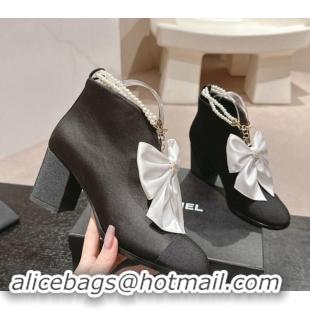 Shop Duplicate Chanel Satin Heel Ankle Boots with Pearls Strap and Maxi Bow Black/White 909119