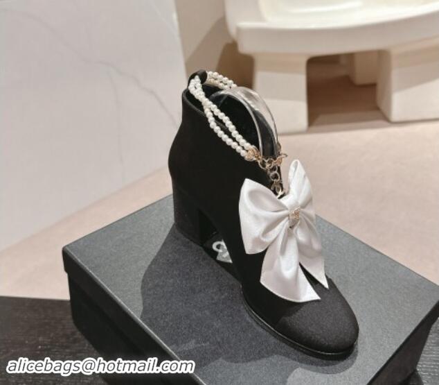 Shop Duplicate Chanel Satin Heel Ankle Boots with Pearls Strap and Maxi Bow Black/White 909119