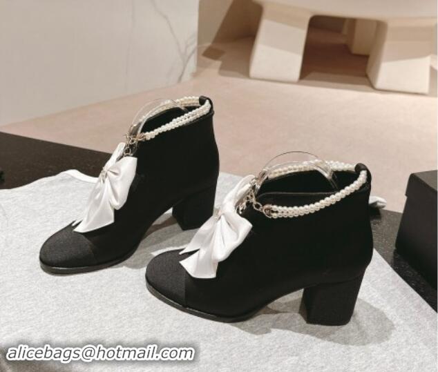 Shop Duplicate Chanel Satin Heel Ankle Boots with Pearls Strap and Maxi Bow Black/White 909119