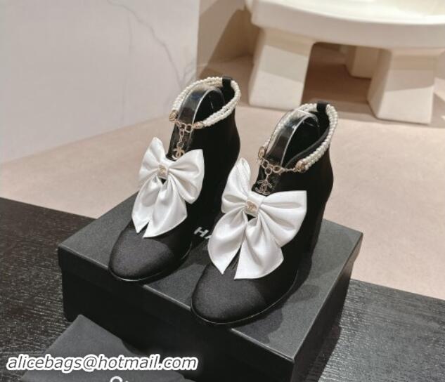 Shop Duplicate Chanel Satin Heel Ankle Boots with Pearls Strap and Maxi Bow Black/White 909119