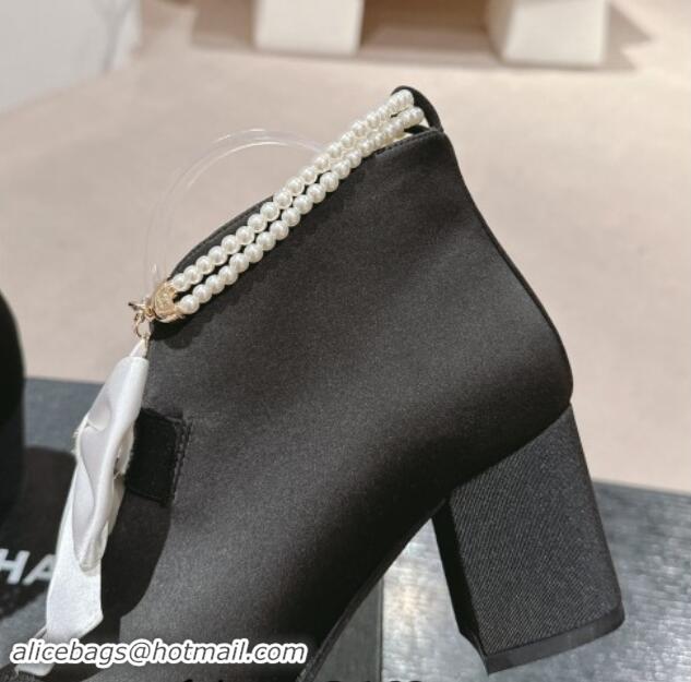 Shop Duplicate Chanel Satin Heel Ankle Boots with Pearls Strap and Maxi Bow Black/White 909119