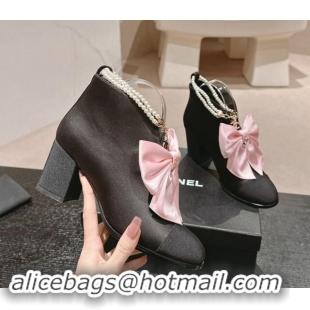 Good Product Chanel Satin Heel Ankle Boots with Pearls Strap and Maxi Bow Black/Pink 909120