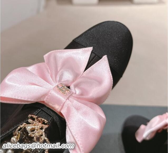 Good Product Chanel Satin Heel Ankle Boots with Pearls Strap and Maxi Bow Black/Pink 909120