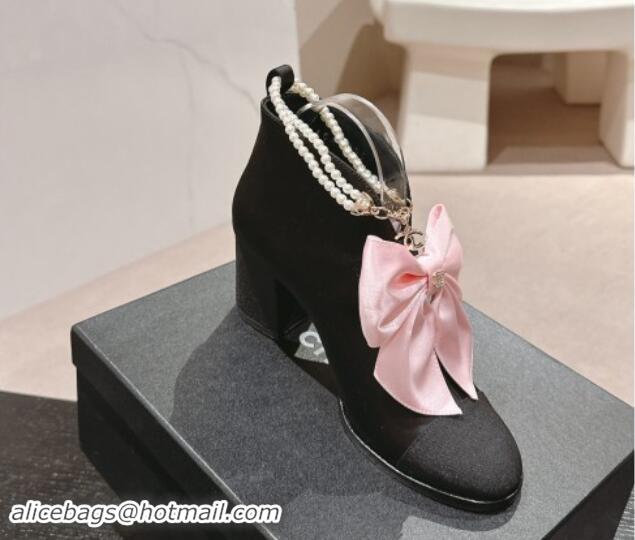 Good Product Chanel Satin Heel Ankle Boots with Pearls Strap and Maxi Bow Black/Pink 909120