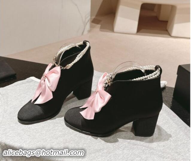 Good Product Chanel Satin Heel Ankle Boots with Pearls Strap and Maxi Bow Black/Pink 909120