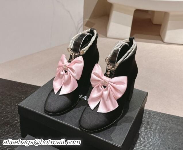 Good Product Chanel Satin Heel Ankle Boots with Pearls Strap and Maxi Bow Black/Pink 909120