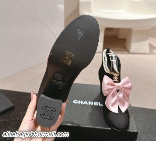 Good Product Chanel Satin Heel Ankle Boots with Pearls Strap and Maxi Bow Black/Pink 909120