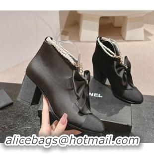 Pretty Style Chanel Satin Heel Ankle Boots with Pearls Strap and Maxi Bow Black 909121