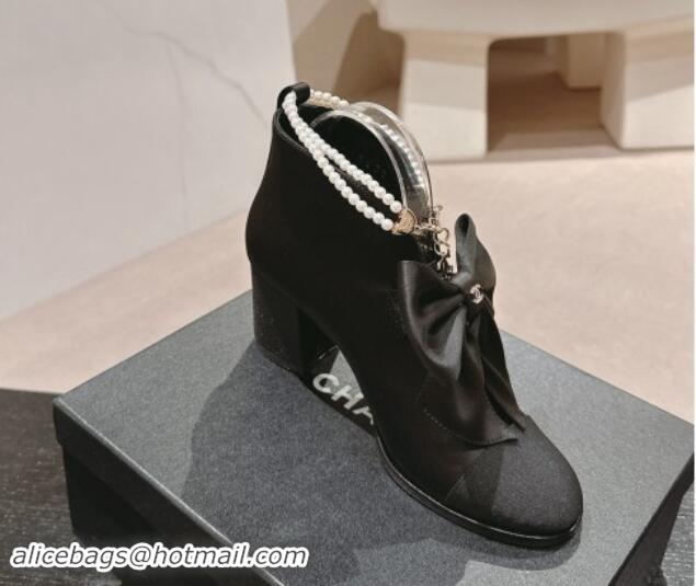 Pretty Style Chanel Satin Heel Ankle Boots with Pearls Strap and Maxi Bow Black 909121