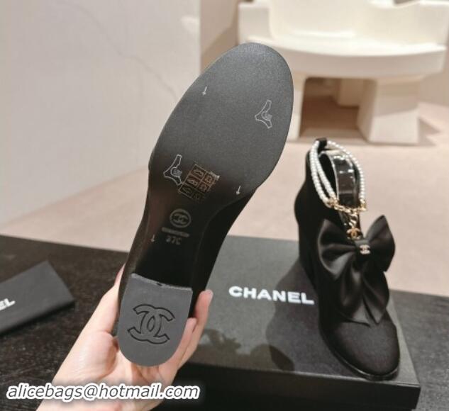 Pretty Style Chanel Satin Heel Ankle Boots with Pearls Strap and Maxi Bow Black 909121