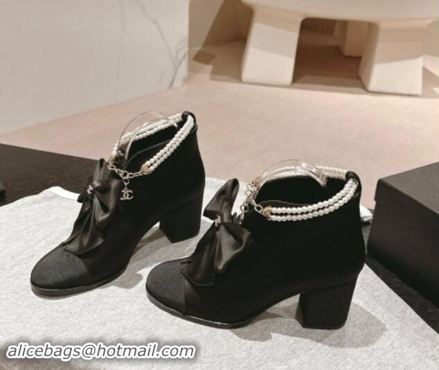 Pretty Style Chanel Satin Heel Ankle Boots with Pearls Strap and Maxi Bow Black 909121