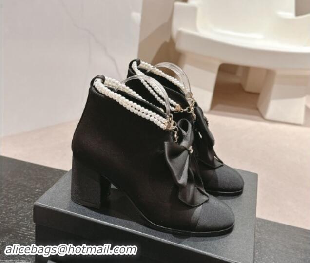 Pretty Style Chanel Satin Heel Ankle Boots with Pearls Strap and Maxi Bow Black 909121