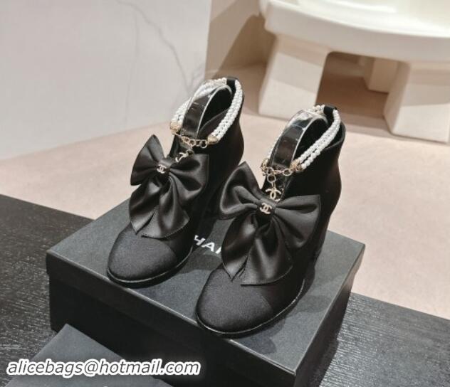 Pretty Style Chanel Satin Heel Ankle Boots with Pearls Strap and Maxi Bow Black 909121