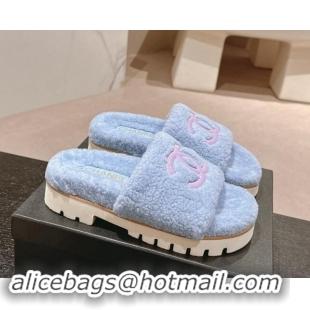 Grade Quality Chanel Wool Fur Platform Slides Sandal Blue 909122