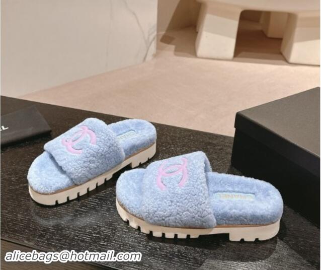 Grade Quality Chanel Wool Fur Platform Slides Sandal Blue 909122