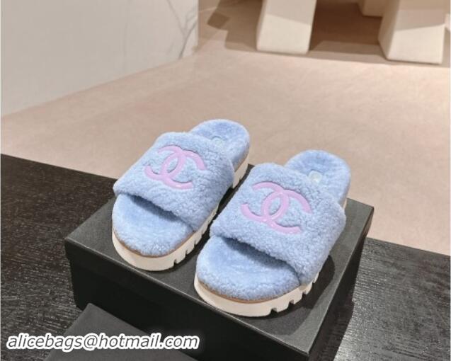 Grade Quality Chanel Wool Fur Platform Slides Sandal Blue 909122