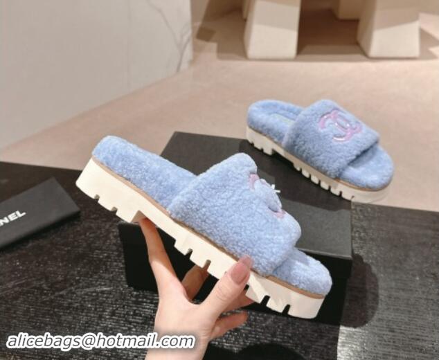 Grade Quality Chanel Wool Fur Platform Slides Sandal Blue 909122