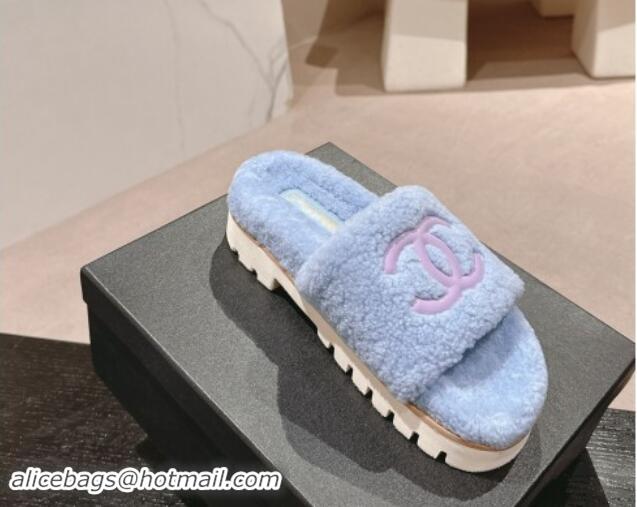 Grade Quality Chanel Wool Fur Platform Slides Sandal Blue 909122