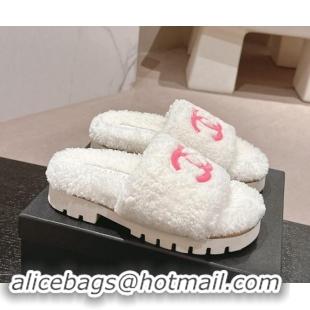 Good Quality Chanel Wool Fur Platform Slides Sandal White 909123