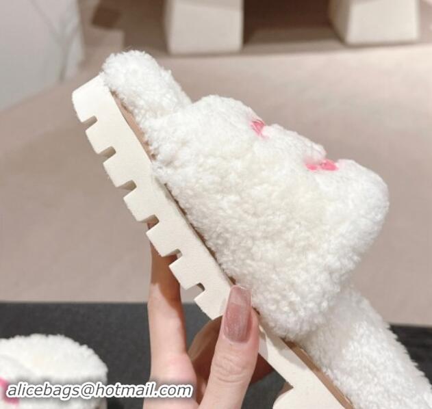 Good Quality Chanel Wool Fur Platform Slides Sandal White 909123