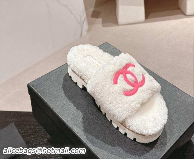 Good Quality Chanel Wool Fur Platform Slides Sandal White 909123