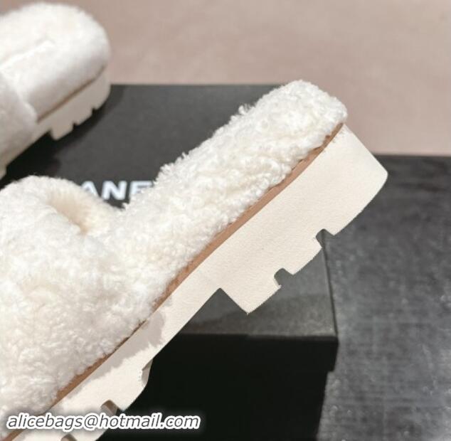 Good Quality Chanel Wool Fur Platform Slides Sandal White 909123