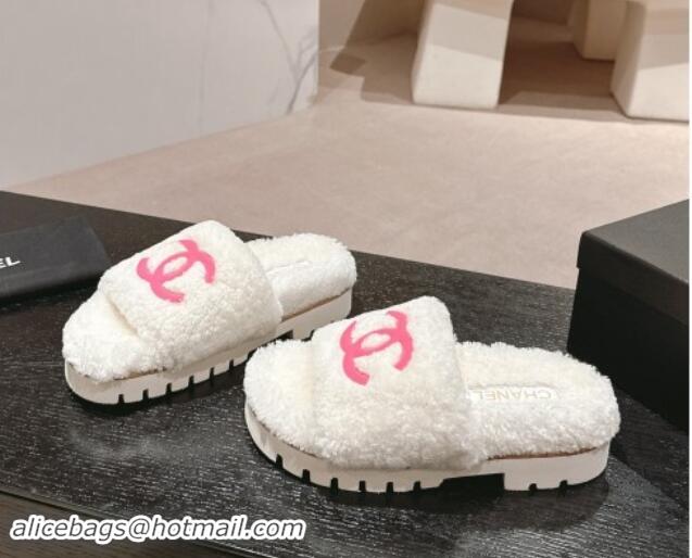 Good Quality Chanel Wool Fur Platform Slides Sandal White 909123