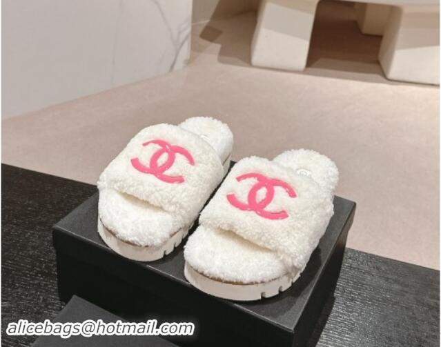 Good Quality Chanel Wool Fur Platform Slides Sandal White 909123